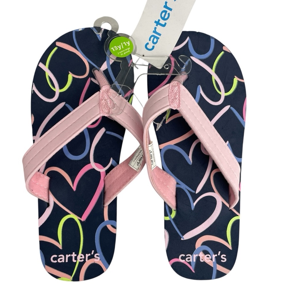 Carter's Kids Pink & Navy Heart Flip Flops Size XXL (13Y-1Y) NWT